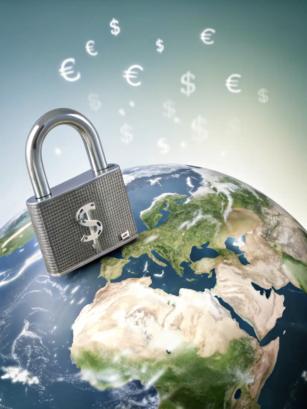 An image of a digital lock over a globe with financial symbols, representing secure data and international finance.