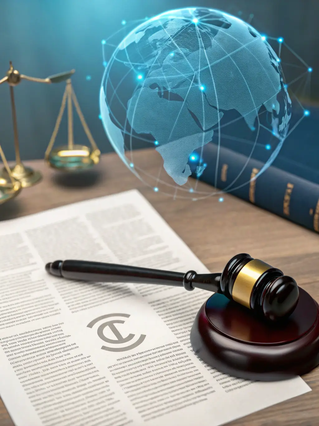 An image of a legal document with a trademark symbol and a globe, symbolizing international IP protection.