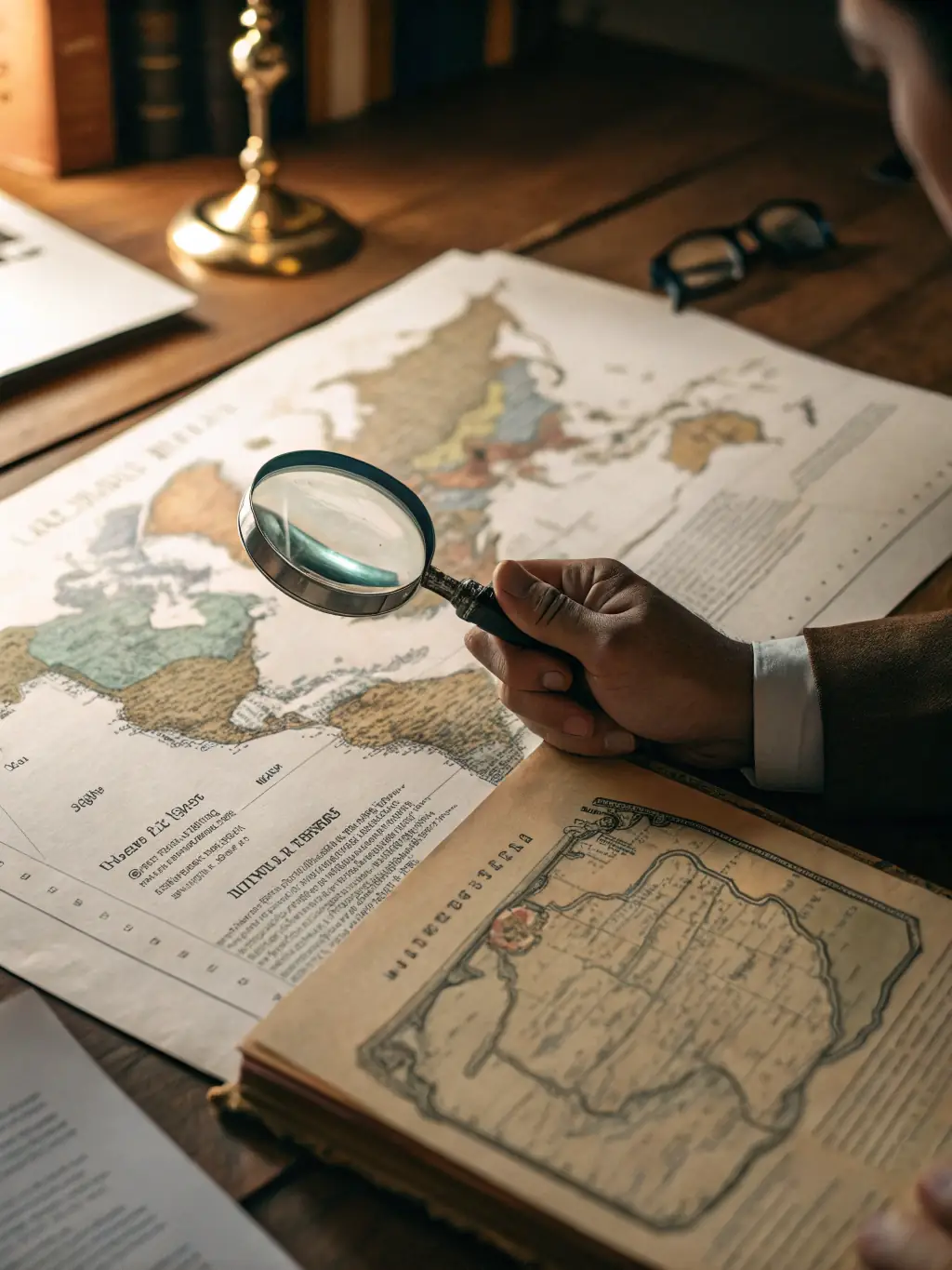 An image of a magnifying glass over legal documents and a world map, representing thorough investigation.