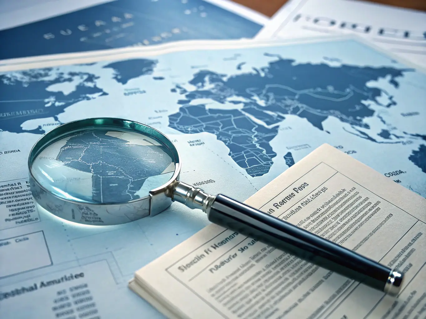 An image of a magnifying glass over legal documents and a world map, representing thorough investigation.