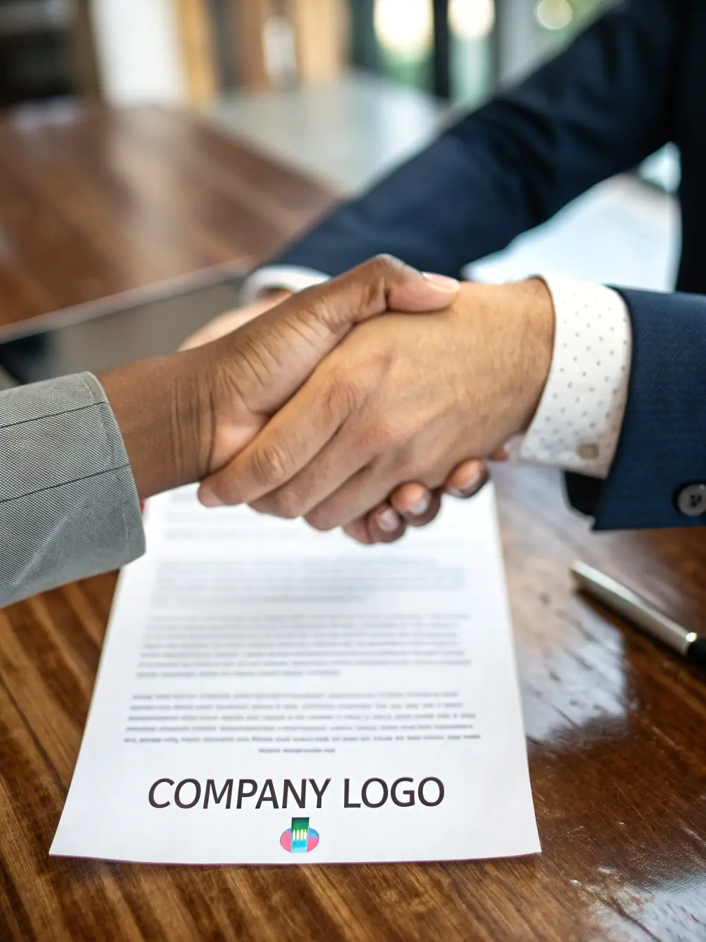 An image of a handshake over a legal contract, symbolizing agreement and trust.