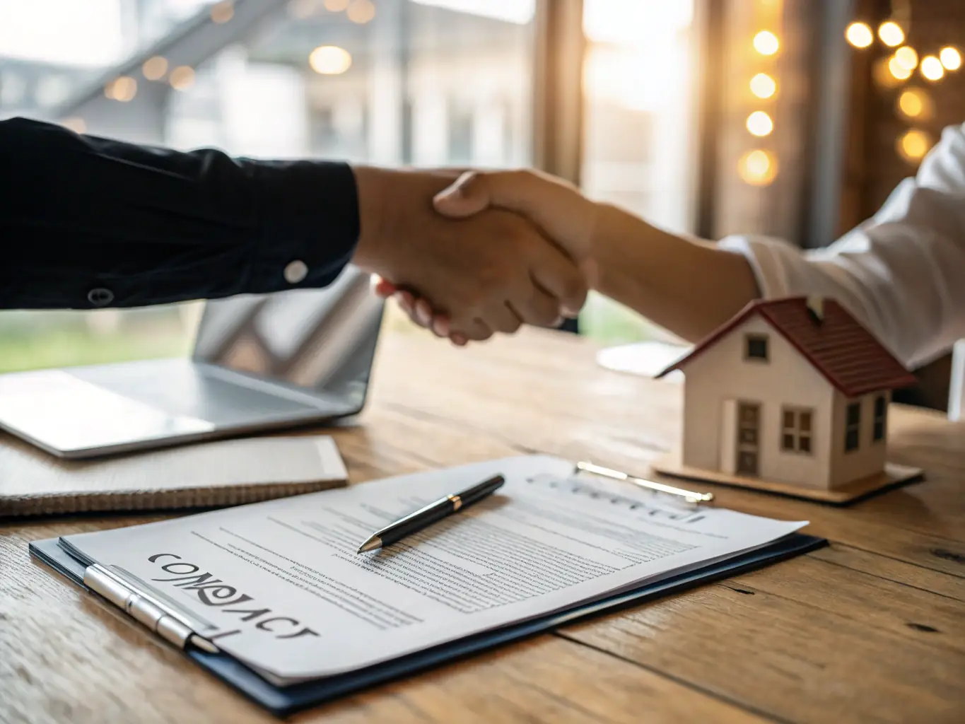 An image of a handshake over a legal contract, symbolizing agreement and trust.