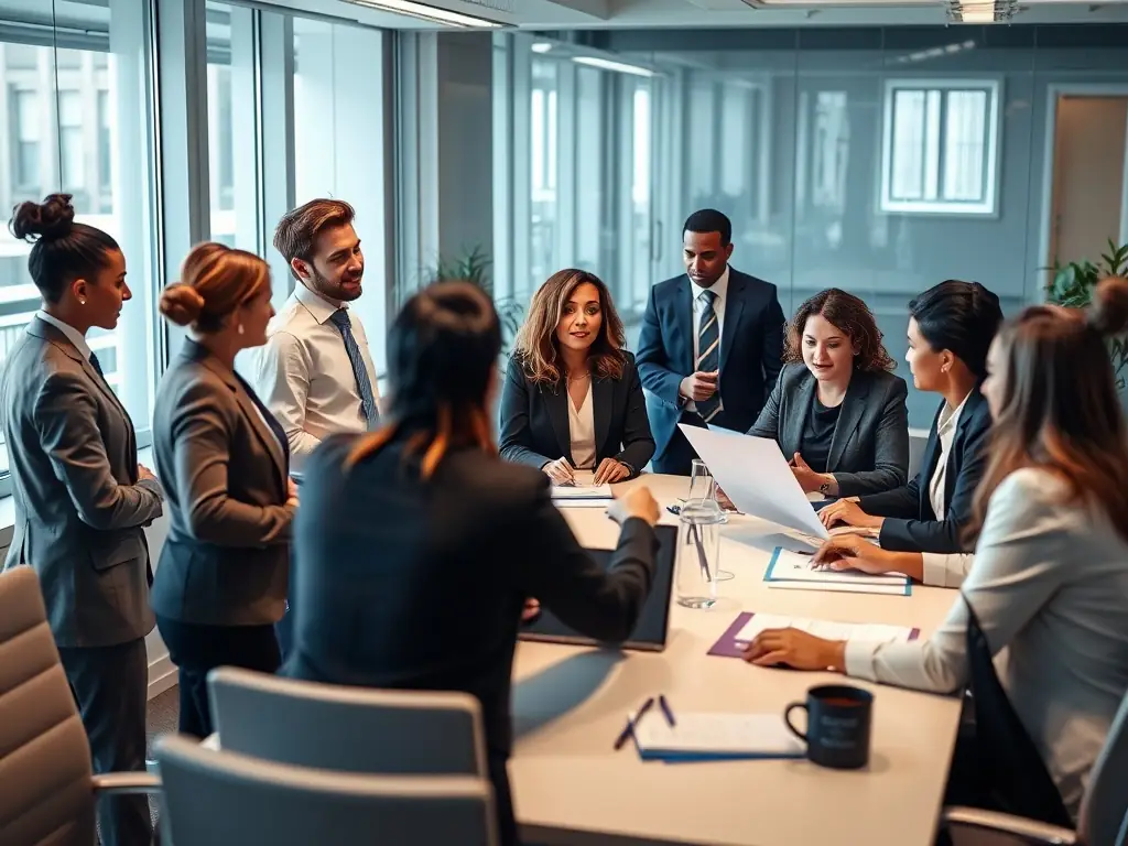 A diverse team of legal professionals collaborating in a modern office, representing due diligence and compliance.